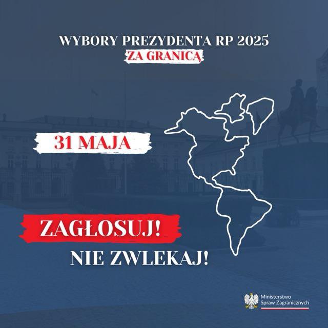 Głosowanie 🗳️ w Argentynie 🇦🇷dniu 31 maja 2025 r. (sobota) w godzinach od 7.00 do 21.00 czasu lokalnego w siedzibie Obwodowej Komisji Wyborczej nr 4, c/ Alejandro Maria de Aguado 2870, C.A.B.A.

Zapraszamy z polskim paszportem ‼️