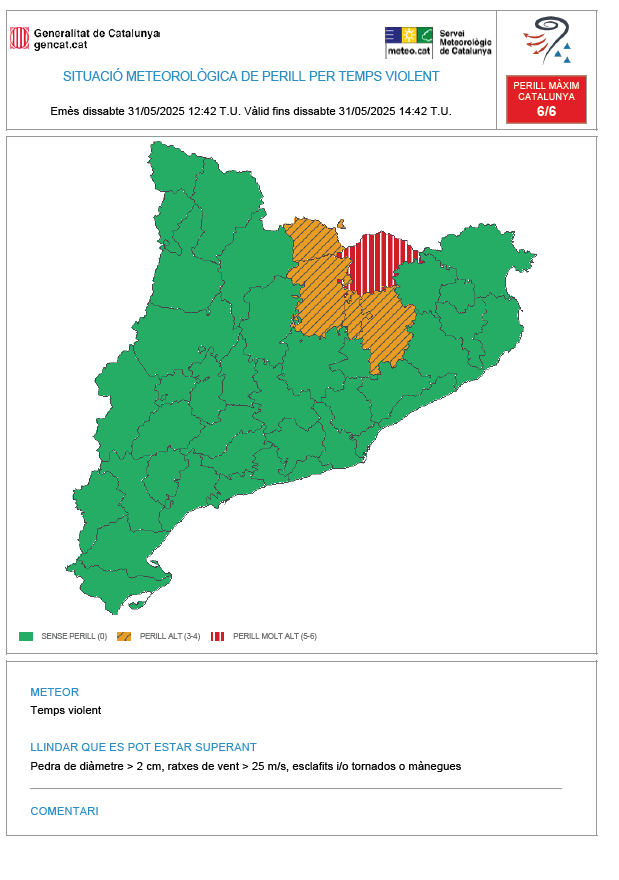 ⚠ El Servei Meteorològic de Catalunya emet avís per temps violent (#avisosSMP) ⚠

➡ Dv. 14:42 h a 16:42 h
➡ Possibilitat de pedra de diàmetre > 2 cm, ratxes de vent > 25 m/s, esclafits i/o tornados o mànegues.
➡ Grau de perill màxim: 🔴 6/6

Hora local (h) = TU+2
