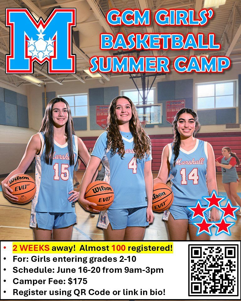 ☀️ Just 2 more weeks until our summer camp!  We are almost at capacity, so register soon to secure your spot!  

Come hoop with us, have fun, &amp; learn from GCM Girls' 🏀 players and coaches! 
 form.jotform.com/250276002665856
