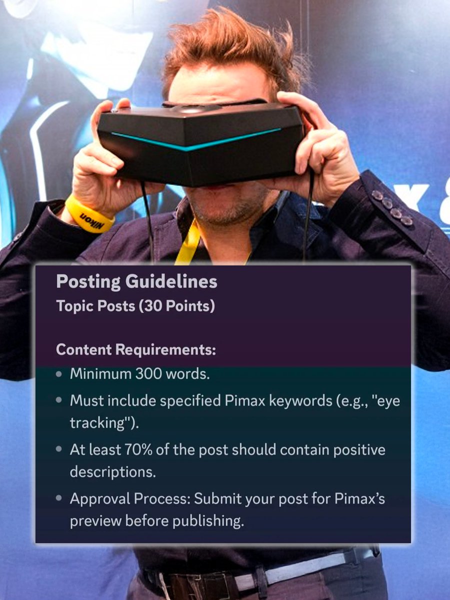 Shocked to learn Pimax ran a secret program that rewarded users for positive comments about its VR headsets. They could earn things such as free Steam gift cards and a trip to Pimax’s office.

(Source: RoadtoVR roadtovr.com/pimax-astrotur…)