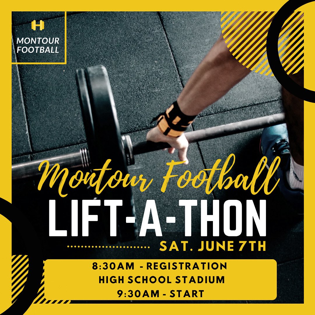 ‼️START TIME UPDATE ‼️

SATURDAY, JUNE 7TH - Player Registration starts @ 8:30AM at the High School Stadium. Event starts at 9:30AM.

Friends and Family - come cheer on our 7th-12th grade football players at our Lift-A-Thon/Combine event!

🏈🖤💛🏈