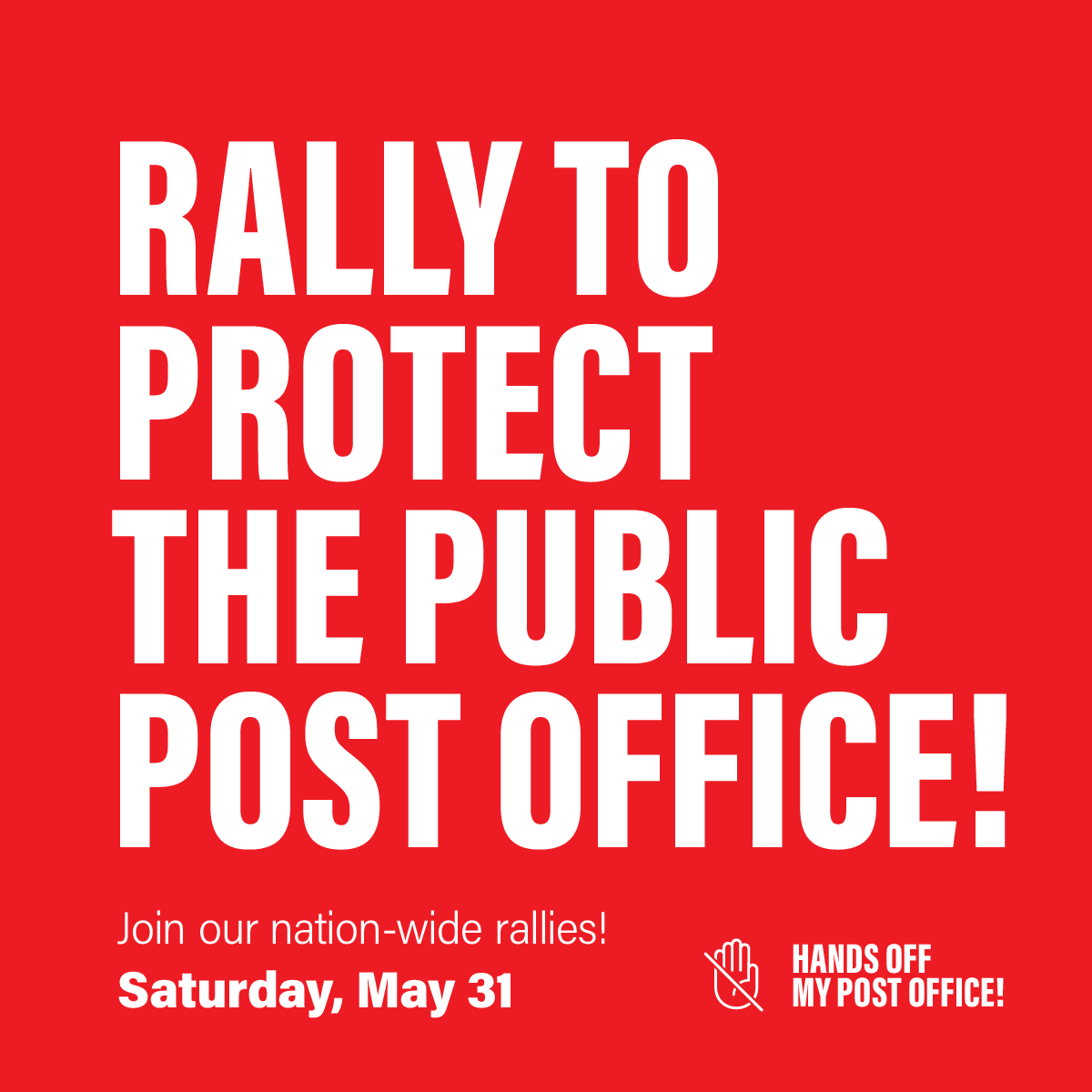 Rally to Protect the Public Post Office!
Saturday, May 31

Join our nation-wide rallies!
Locations and times: cupw.ca/en/campaigns-a…

#HandsOffMyPostOffice #SupportCUPW #canlab #cdnpoli <a href="/CanadianLabour/">Canadian Labour</a>