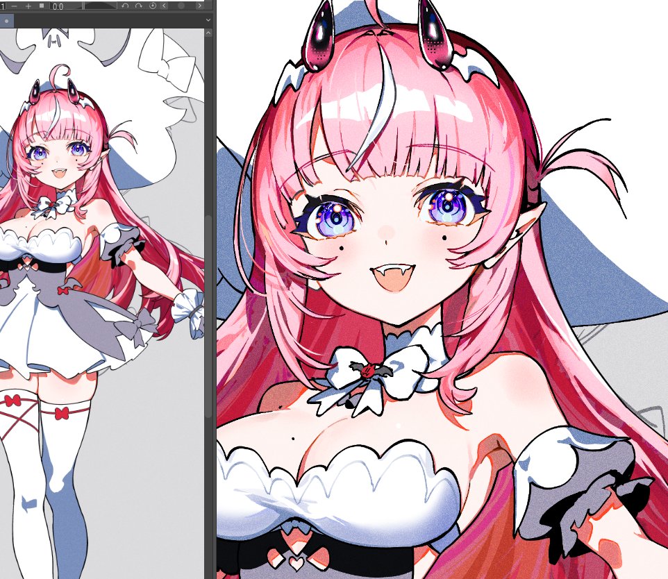 In-between working on Commissions, I'm drawing a new piece of my OC Gure! 🩷🦇

It's partly because of Art Fight but also because my art-style has changed a lot since my old drawing of her and I want to update that ⭐️