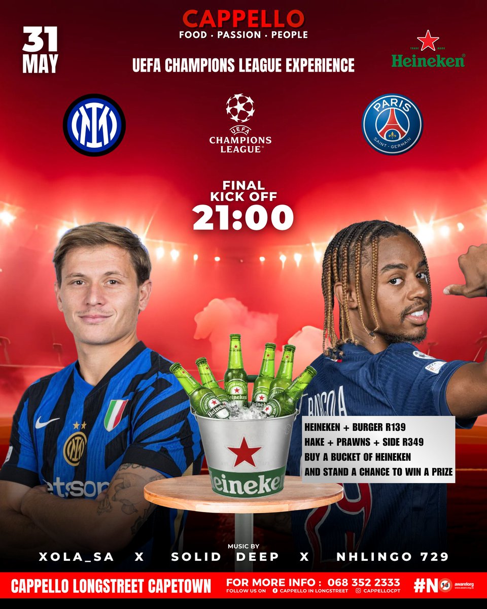 CtnCappello's tweet photo. It all comes down to this. PSG vs Inter Milan. One Final - One Champion.

🏟️ Watch it LIVE with sound that rumbles and screens that thrill

#PSG #InterMilan 
#UEFA #Football #Soccer
#UCLFinal #CappelloLongstreet 
#HeinekenVibes 
#FoodPassionPeople #WatchTheFinalHere https://t.co/SAqMNTQ5B8