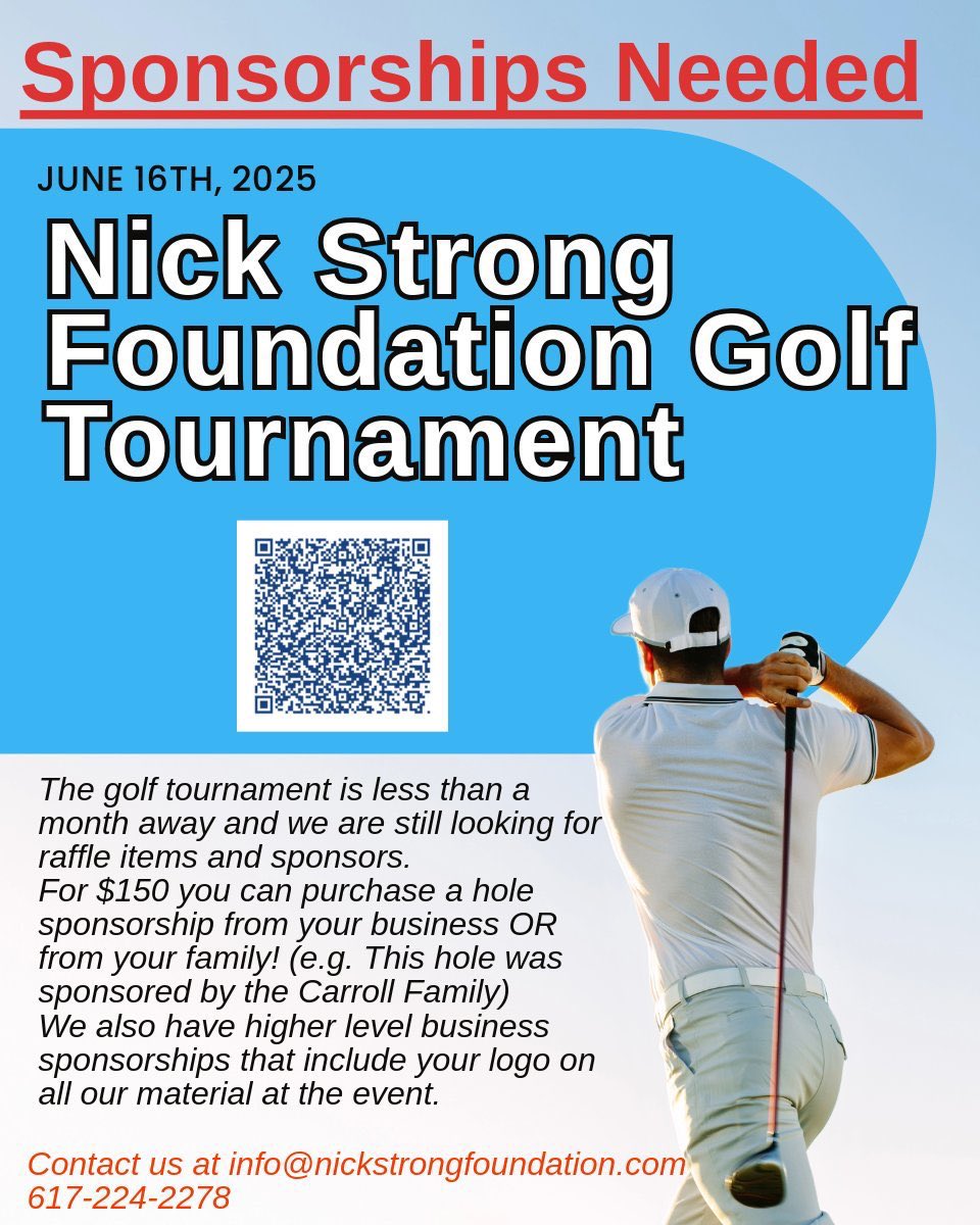 ⛳️ We’re looking for sponsors!
Support the Nick Strong Foundation Golf Tournament on June 16 at New England Country Club.
Proceeds benefit pediatric cancer initiatives.

💛 Become a sponsor today: nickstrongfoundation.com/golf-tournamen…

#NickStrong #GolfForACause #PediatricCancerAwareness