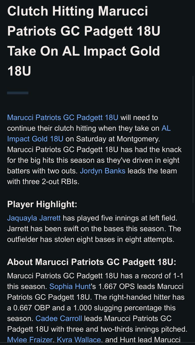 Jordyn Banks (2026 1B/C) (@jordynbanks2026) on Twitter photo So excited for today! Let’s go <a href="/MarucciPPadgett/">Marucci Patriots - Padgett 18u</a>!
<a href="/MarucciPatsGC/">Marucci Patriots GC</a>
<a href="/TateSoftball/">Tate Aggie Softball</a>
#ScoutsTown
#LagoonParkMontgomeryAL So excited for today! Let’s go <a href="/MarucciPPadgett/">Marucci Patriots - Padgett 18u</a>!
<a href="/MarucciPatsGC/">Marucci Patriots GC</a>
<a href="/TateSoftball/">Tate Aggie Softball</a>
#ScoutsTown
#LagoonParkMontgomeryAL