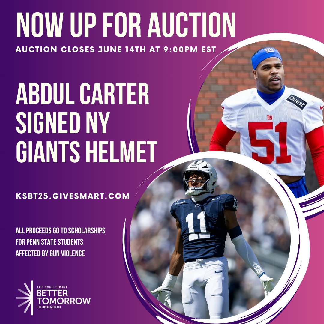 Karli Short Better Tomorrow Foundation (@ksbtfoundation) on Twitter photo ๐ KSBT25.givesmart.com ๐
Bid on this exclusive Abdul Carter signed New York Giants helmet and celebrate the start of his NFL career!
Bid on this outstanding auction item and more: KSBT25.givesmart.com
<a href="/1NCRDB1/">Abdul Carter</a> <a href="/brandonshort43/">Brandon Short</a> <a href="/giants/">New York Giants</a>
#PennState #AbdulCarter #NYGiants ๐ KSBT25.givesmart.com ๐
Bid on this exclusive Abdul Carter signed New York Giants helmet and celebrate the start of his NFL career!
Bid on this outstanding auction item and more: KSBT25.givesmart.com
<a href="/1NCRDB1/">Abdul Carter</a> <a href="/brandonshort43/">Brandon Short</a> <a href="/giants/">New York Giants</a>
#PennState #AbdulCarter #NYGiants