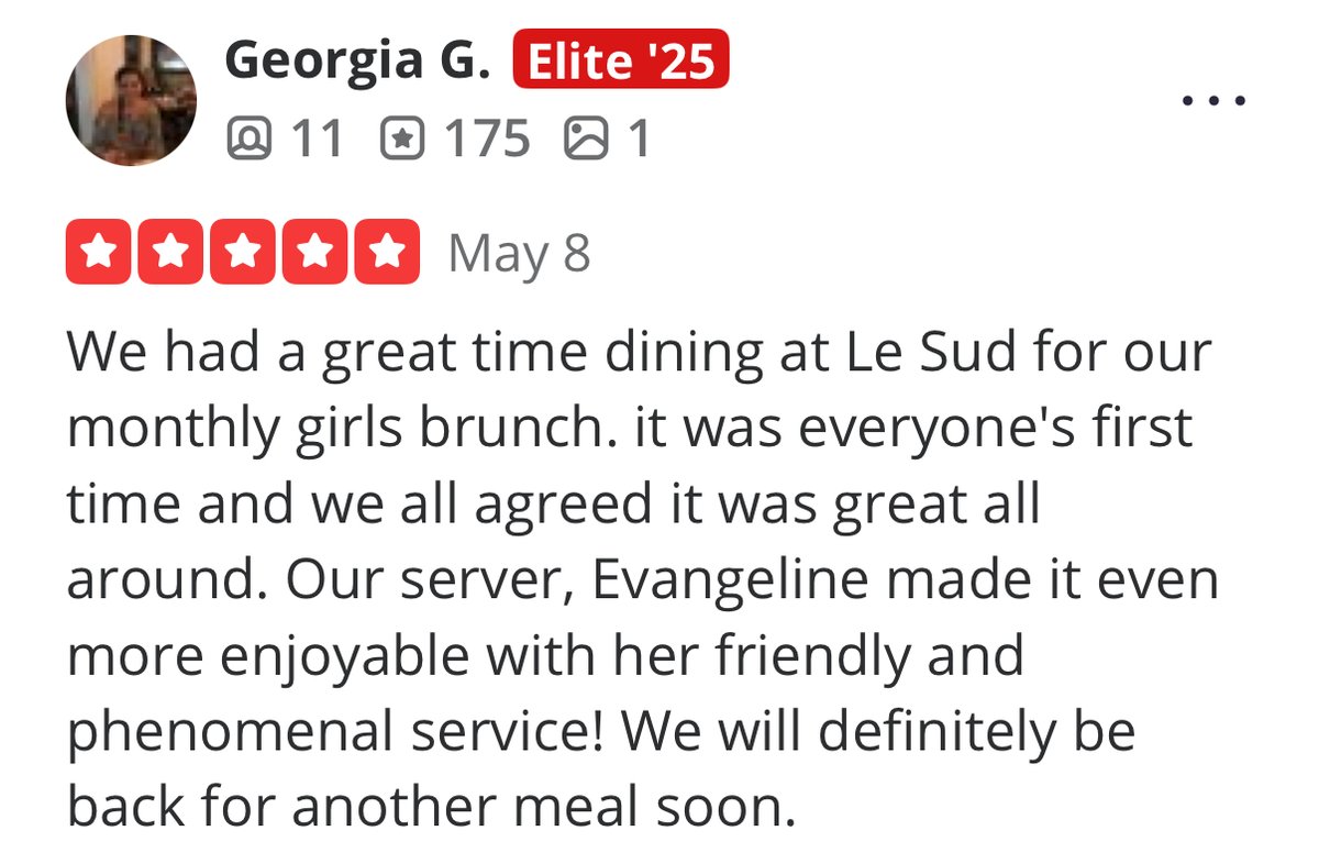 We’re feeling the love—thank you, Georgia, for the wonderful Yelp review! 💬✨
 Your kind words mean so much to our team and help others discover what makes Le Sud special.

If you’ve dined with us recently, we’d be so grateful if you shared your experience too:
 ⭐ Google:  ...