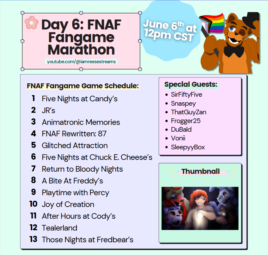 Day 6 of the FNAF Trevor Project charity week is officially announced! Crazy roster of fangames for this one!

<a href="/SirFiftyFive/">SirFiftyFive</a> 
Snaspey
<a href="/thatguyzanyt/">ThatGuyZan</a> 
<a href="/Frogger_25/">Frogger25</a> 
<a href="/DanielDuvall33/">Dubald</a> 
<a href="/DaVonify/">Vonii</a> 
<a href="/SleepyyBox/">SleepyyBox</a>