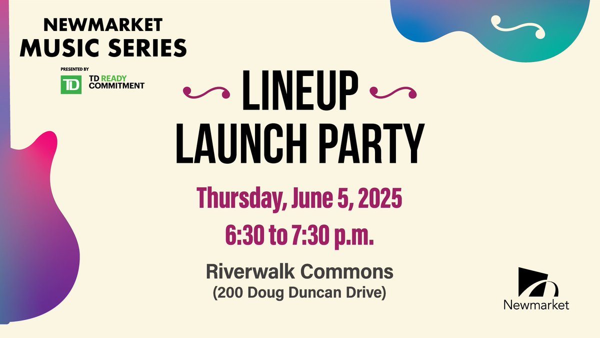 Town of Newmarket (@townofnewmarket) on Twitter photo 🎉🎸 The countdown is on! Join us for the Lineup Launch Party where we’ll reveal the lineup for this summer’s Newmarket Music Series presented by TD Bank Group (<a href="/TD_Canada/">TD (Canada)</a>) through the TD Ready Commitment.
June 5 | 6:30 p.m. | Riverwalk Commons
More: newmarket.ca/musicseries 🎉🎸 The countdown is on! Join us for the Lineup Launch Party where we’ll reveal the lineup for this summer’s Newmarket Music Series presented by TD Bank Group (<a href="/TD_Canada/">TD (Canada)</a>) through the TD Ready Commitment.
June 5 | 6:30 p.m. | Riverwalk Commons
More: newmarket.ca/musicseries