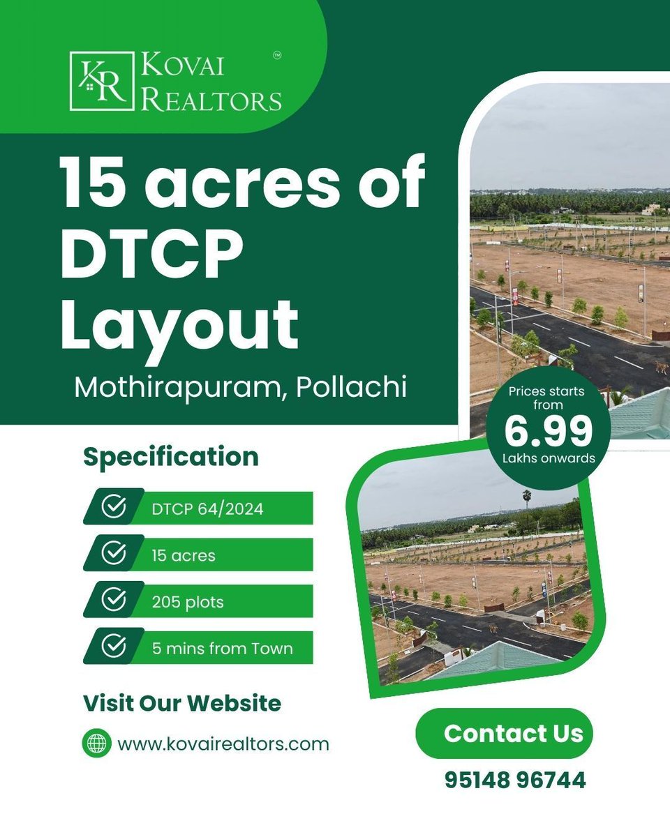 kovairealtors's tweet image. DTCP Plots on Sale, Pollachi – Discover premium living at Coco Enclave, Mothirapuram, just 5 minutes from Pollachi Bus Terminal. Spread across 15 acres, this gated community features 205 individual residential plots with DTCP approved
#KovaiRealtors #PollachiRealEstate #dtcpplots