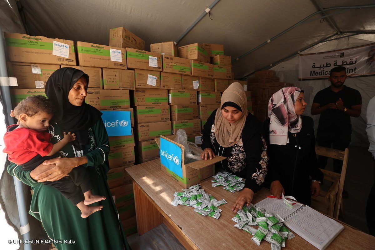 One-year-old Mohammad and his mother - who have been displaced multiple times - receive nutrition supplies at a UNICEF-supported malnutrition screening and treatment point in Gaza.

With the entire population of Gaza facing food insecurity, more aid at scale must be allowed in.