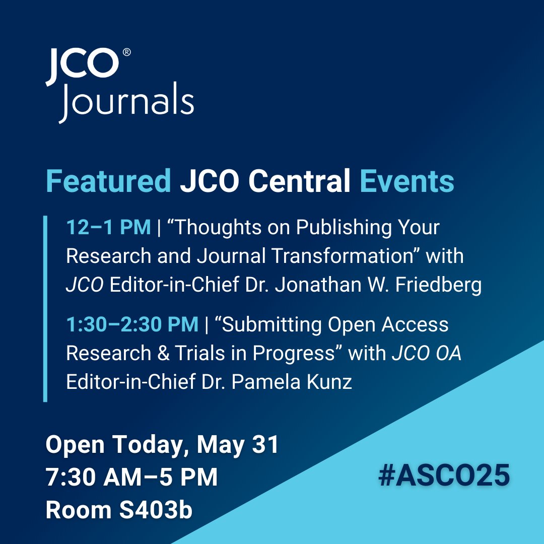 JCO_ASCO's tweet photo. JCO Central Room S403b is open 7:30am-5pm. @ noon meet #JCO EIC @DrJFriedberg & learn about Publishing Your Research & Journal Transformation; 1:30pm meet #JCOOA EIC @PamelaKunzMD & learn about Submitting Open Access Research & Trials in Progress. https://t.co/tFPownGX9G
#ASCO25 https://t.co/0naSWnOeXP