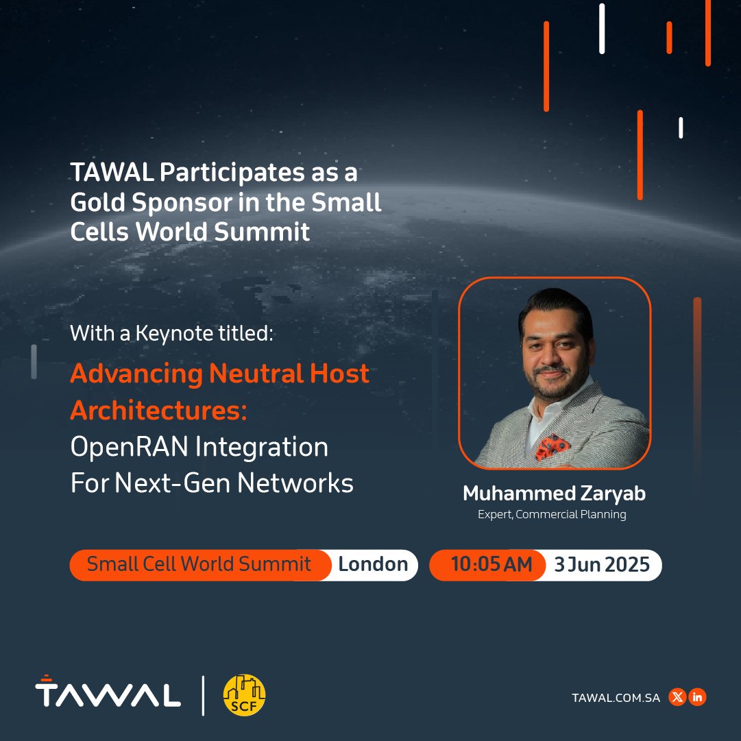 We’re pleased to announce that #TAWAL is a Gold Sponsor of the Small Cell World Summit, with our Commercial Planning Expert, Muhammed Zaryab, participating in a keynote titled: “Advancing Neutral Host Architectures: OpenRAN Integration for Next-gen Network.”
For more information,