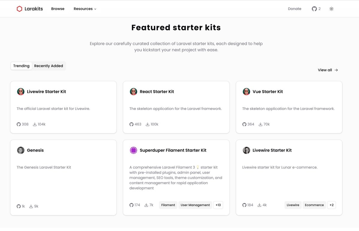 Discover community-maintained Laravel starter kits
larakits.codelabmw.dev

A dedicated website to list the kits and search for something that would suit your needs.

Our new Laravel Daily starter kit is also in the list :)
