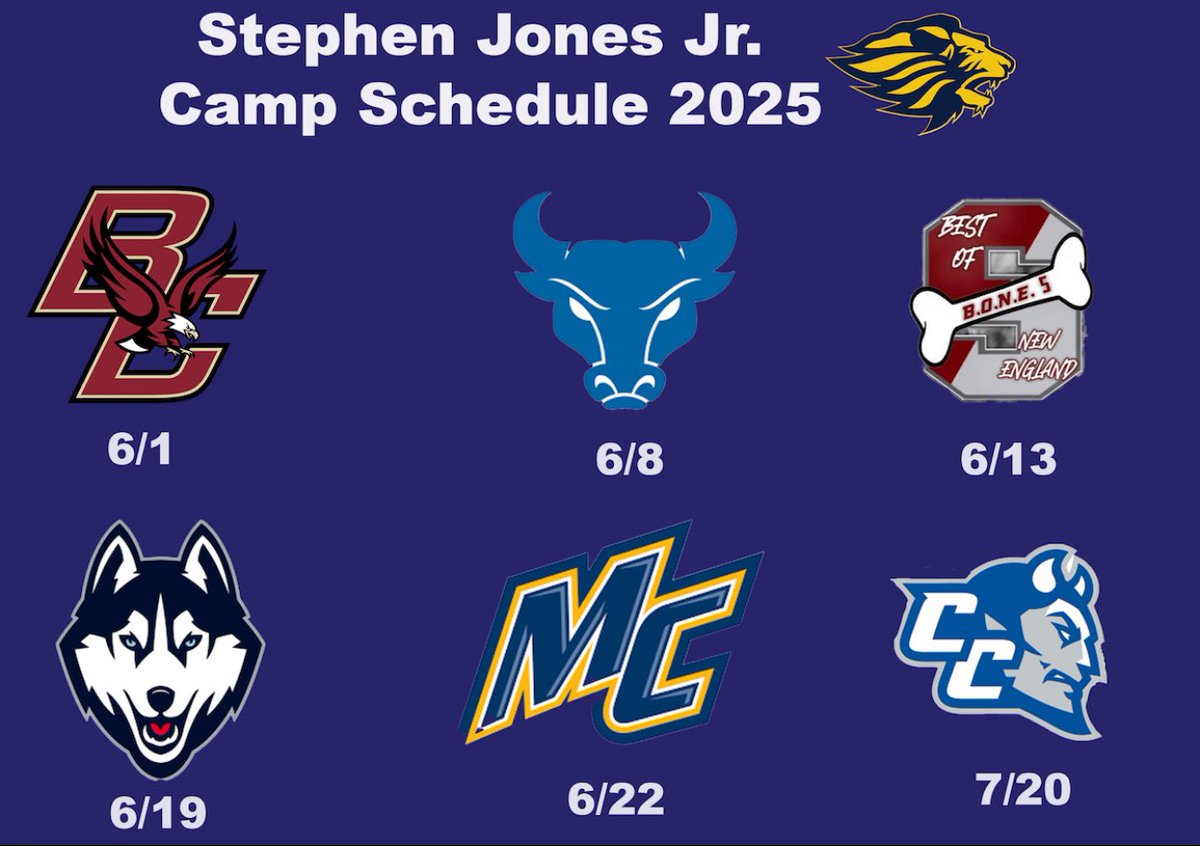 Stephen Jones (@stephen_845) on Twitter photo My camp schedule so far, thank you <a href="/ronwhitcomb/">Ron Whitcomb</a> <a href="/UBFootball/">UB Football</a> <a href="/_CoachTC/">Tim Christensen</a> <a href="/Merrimack_FB/">Merrimack Football</a> <a href="/zachdeldin/">Zach Deldin</a> <a href="/CCSUfootball/">CCSU FOOTBALL</a> for the invitations! Looking forward to competing!
<a href="/Coach_Dav/">Rob Davenport</a> <a href="/TPridefootball/">Trinity-Pawling Football</a> My camp schedule so far, thank you <a href="/ronwhitcomb/">Ron Whitcomb</a> <a href="/UBFootball/">UB Football</a> <a href="/_CoachTC/">Tim Christensen</a> <a href="/Merrimack_FB/">Merrimack Football</a> <a href="/zachdeldin/">Zach Deldin</a> <a href="/CCSUfootball/">CCSU FOOTBALL</a> for the invitations! Looking forward to competing!
<a href="/Coach_Dav/">Rob Davenport</a> <a href="/TPridefootball/">Trinity-Pawling Football</a>