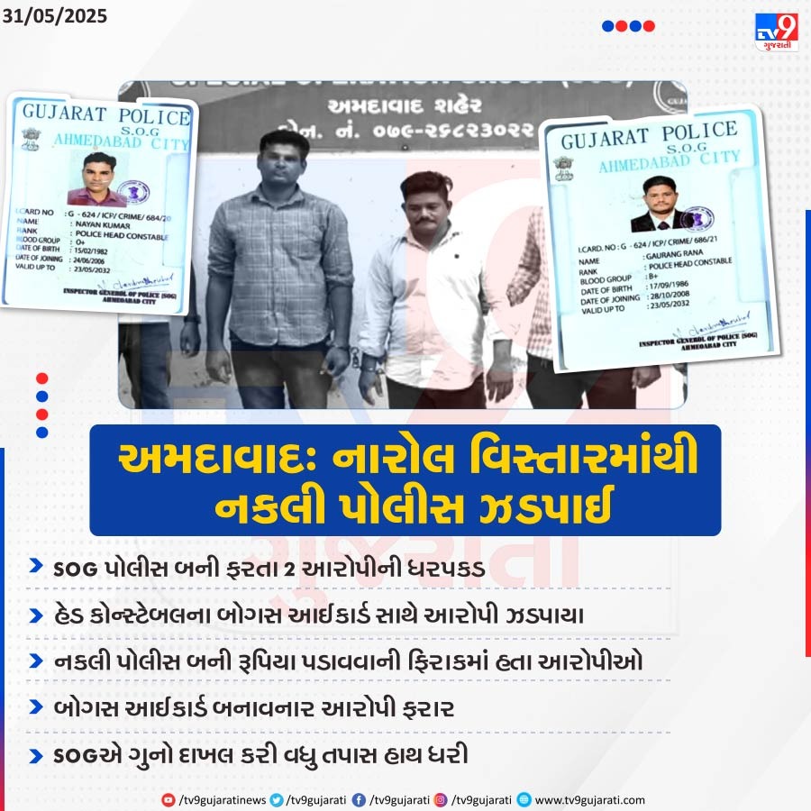 tv9gujarati's tweet photo. Ahmedabad’s SOG Cracks Down: Two Fake Cops with Bogus IDs Caught in Narol, Extortion Thwarted | TV9Gujarati
#AhmedabadCrime #FakePolice #SOGArrest #NarolIncident #BogusID #ExtortionScam #GujaratNews #PoliceCrackdown #TV9Gujarati https://t.co/ZYRloz8R6g