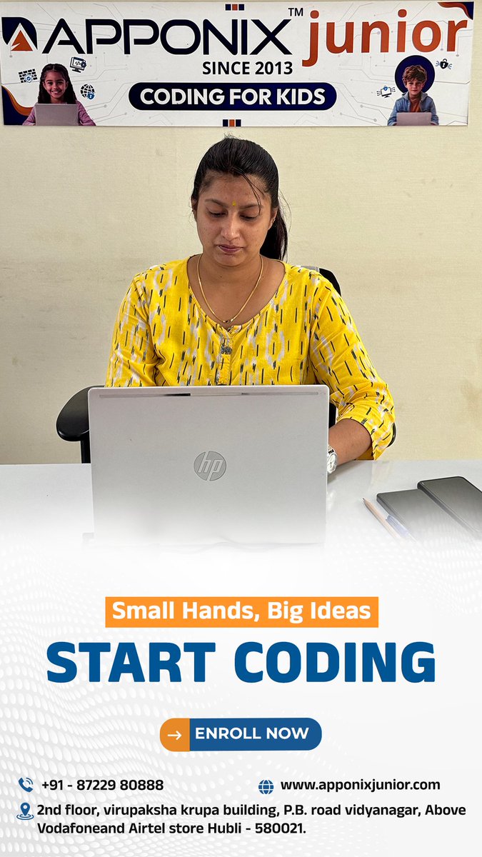 apponixjunior's tweet image. 👩‍💻 Small Hands, Big Ideas
Let your child start their #Coding journey with Apponix Junior 🚀
📍Hubli | Since 2013
🖱️ Enroll now: apponixjunior.com
#KidsCoding #STEM #Hubli #LearnToCode #ApponixJunior