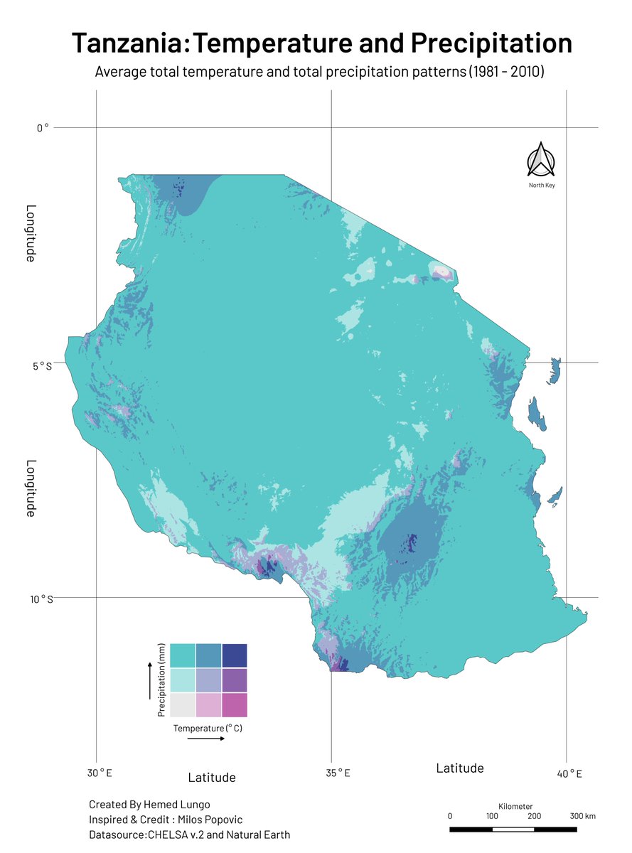 A Bivariate  Map🗺️ of Tanzania 🇹🇿 showing Temperature and Precipitation 🌡️🌧️(1981 - 2010)
Dataset from Chelsa and Reconfigured and Made in Qgis 🟢basing tutorial by @milosmakesmaps ✨ in which he made in R 🔵#Tanzania #EastAfrica #Africa #geospatial #gischat #dataviz #qgis