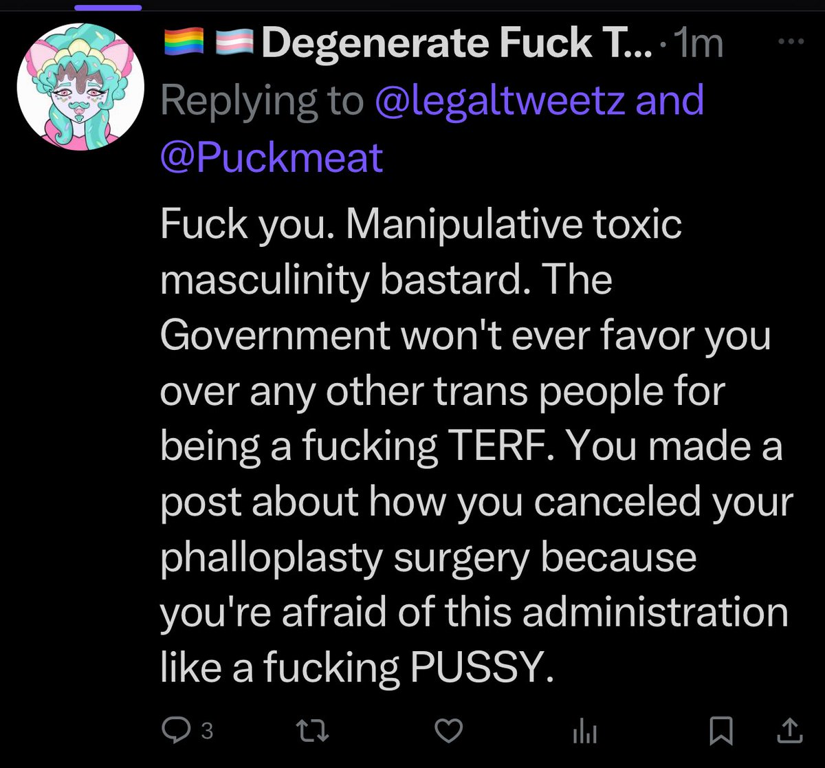 Yes, I did cancel bottom surgery. No, that doesn’t make me a pussy. Or a TERF. I made an informed decision based off of legitimate political concerns. Also, I’m not taking any advice from an account called “Degenerate Fuck Thing” 🤡
