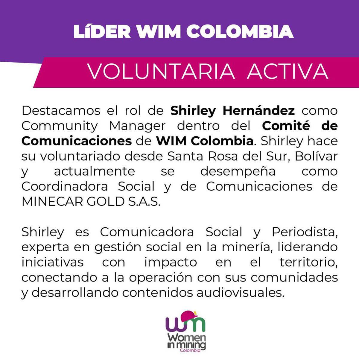#LiderWIM | Presentamos a Shirley Hernández como Community Manager dentro del Comité de Comunicaciones WIM Colombia 📲

Shirley es Comunicadora Social, lidera iniciativas en gestión  social, conectando la operación en el territorio y desarrollando contenidos audiovisuales. 🎙️💻