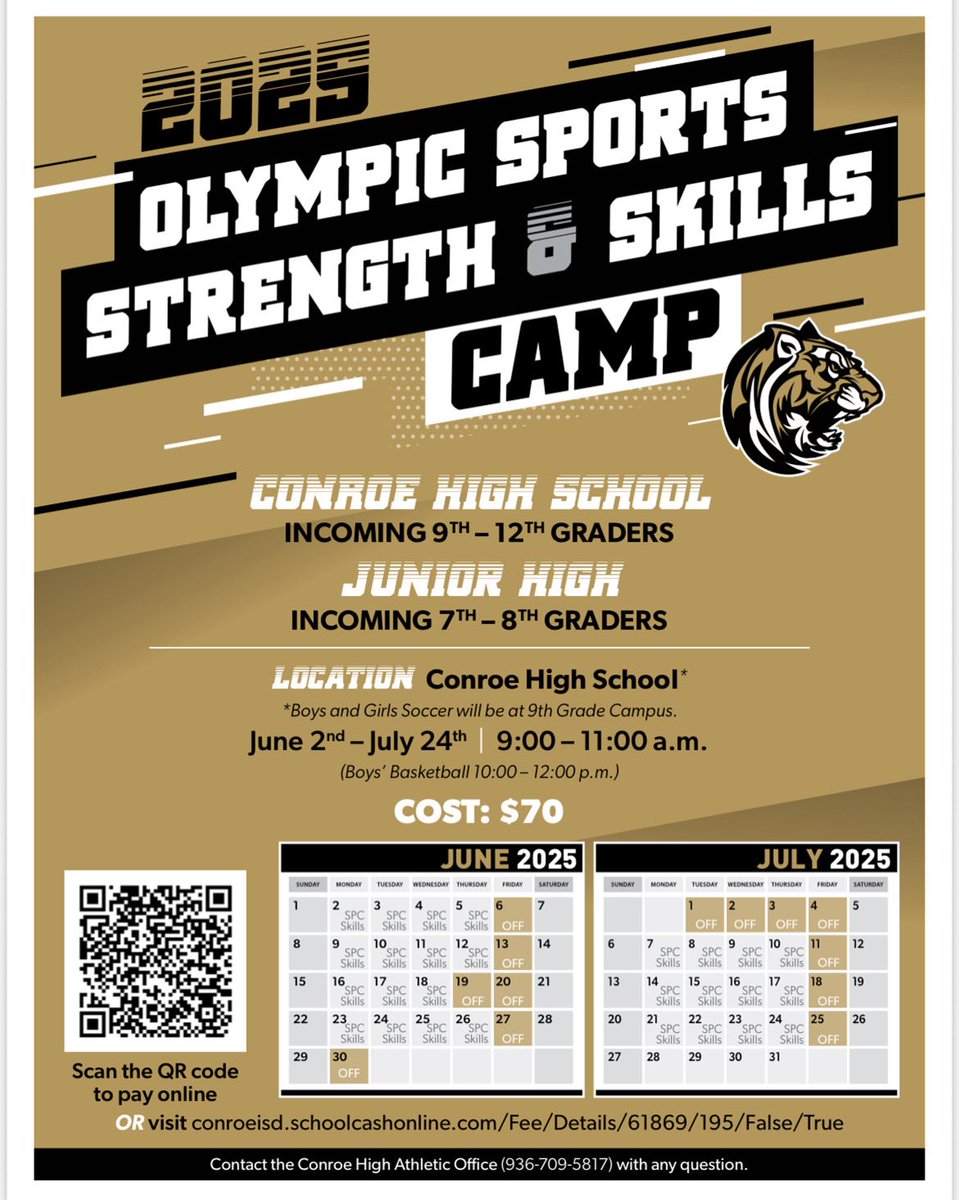 The Conroe Soccer Strength and Conditioning Camp will begin Monday (6/2/25). While the flyer says we will be at the freshman campus, we will actually start at the main campus for the first two and a half weeks while they are working on the gyms at the freshman campus. ⚽️