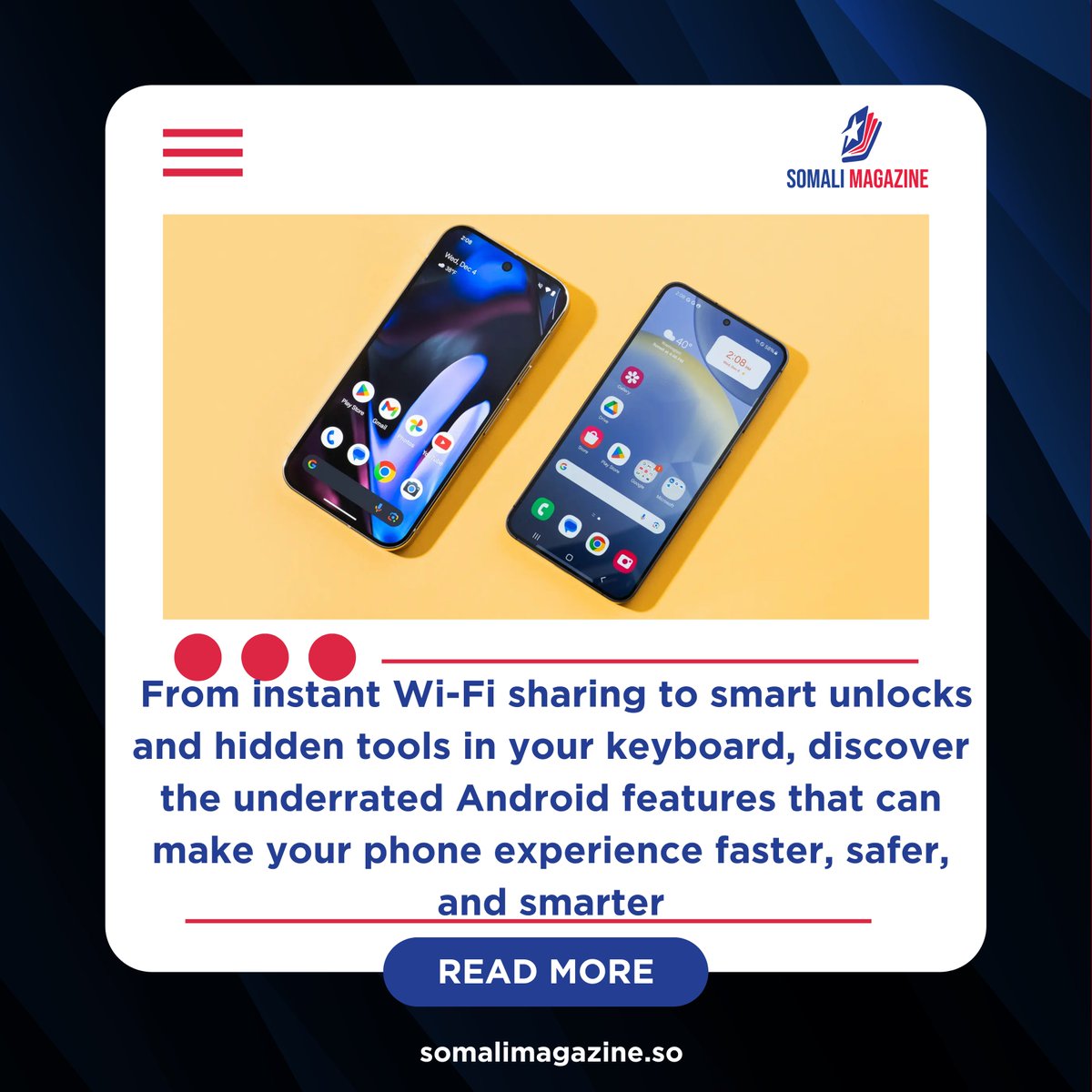 Sommagazine1's tweet image. Unlock Android&apos;s Best-Kept Secrets: Features You Didn&apos;t Know You Needed

#AndroidTips #HiddenFeatures #SmartphoneHacks #TechSimplified #GboardClipboard #GoogleLens #AndroidTricks #MobileSecurity #WiFiQR #TechForEveryday

somalimagazine.so/unlock-android…