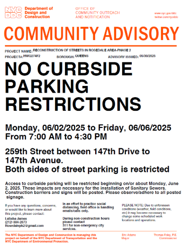 CivicRosedale's tweet photo. Access to curbside parking will be restricted beginning on/or about 6.2.25. These impacts are necessary for the excavation for Dewatering &amp; necessary for the installation of Sanitary Sewers. Construction barriers &amp; signs will be posted. Please observe/adhere to all posted signage https://t.co/x3LYG7eUAN