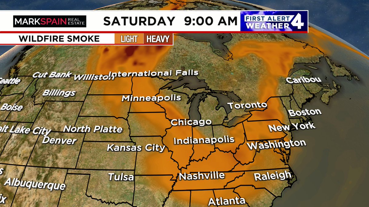 Believe it or not, we'll see smoke in our skies here in Tennessee from the Canadian wildfires. It won't be dangerous to be outside in Nashville this weekend.  You'll just notice a haziness in the skies for the next few days.