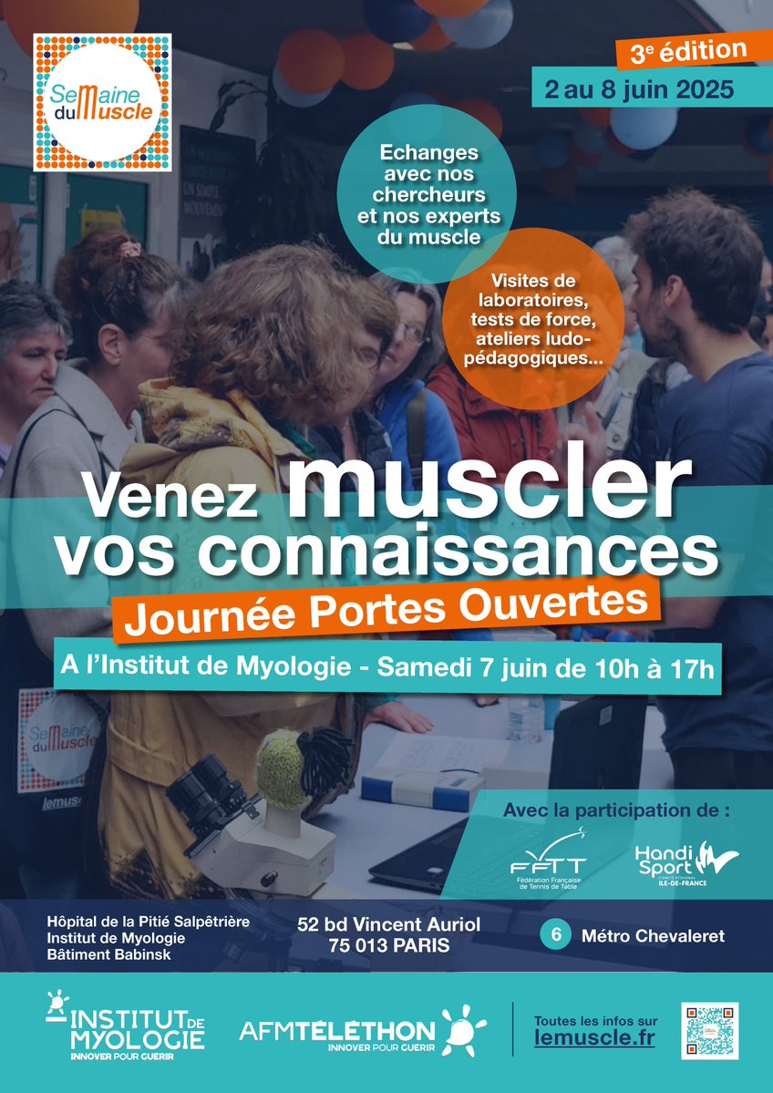Institut de Myologie (@inst_myologie) on Twitter photo 🚀 J-2 avant la #SemaineDuMuscle, J-7 avant notre Journée Portes Ouvertes samedi 7 juin à <a href="/Inst_Myologie/">Institut de Myologie</a> ! 🤩 On vous attend nombreux !
🔜 Programme ➡️ institut-myologie.org/2025/05/09/sam…
<a href="/SemaineDuMuscle/">Semaine du Muscle</a> <a href="/Telethon_France/">AFM-Téléthon</a> <a href="/FFForce_/">Fédération Française de Force</a> <a href="/CRIFH/">Comité Régional Île-de-France Handisport</a> <a href="/ffttofficiel/">Fédération Française de Tennis de Table</a> <a href="/mairiedu13/">Mairie du 13e</a> <a href="/HopPitieSalpe/">Hôpital Pitié-Salpêtrière AP-HP</a> <a href="/APHP/">Assistance Publique – Hôpitaux de Paris (AP-HP)</a> 🚀 J-2 avant la #SemaineDuMuscle, J-7 avant notre Journée Portes Ouvertes samedi 7 juin à <a href="/Inst_Myologie/">Institut de Myologie</a> ! 🤩 On vous attend nombreux !
🔜 Programme ➡️ institut-myologie.org/2025/05/09/sam…
<a href="/SemaineDuMuscle/">Semaine du Muscle</a> <a href="/Telethon_France/">AFM-Téléthon</a> <a href="/FFForce_/">Fédération Française de Force</a> <a href="/CRIFH/">Comité Régional Île-de-France Handisport</a> <a href="/ffttofficiel/">Fédération Française de Tennis de Table</a> <a href="/mairiedu13/">Mairie du 13e</a> <a href="/HopPitieSalpe/">Hôpital Pitié-Salpêtrière AP-HP</a> <a href="/APHP/">Assistance Publique – Hôpitaux de Paris (AP-HP)</a>