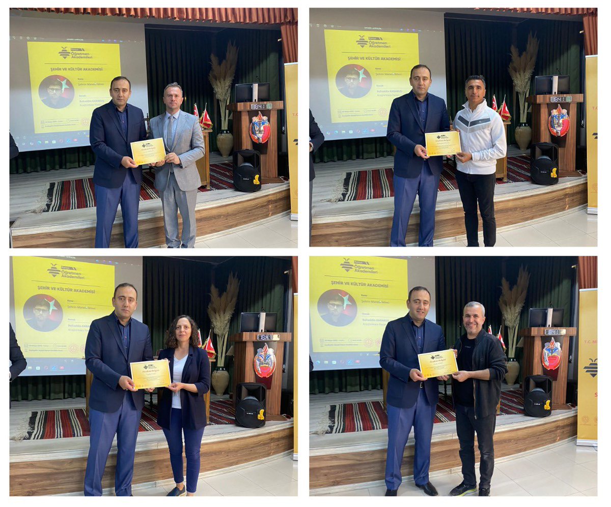 konyamem's tweet photo. KONYA ÖĞRETMEN AKADEMİLERİ ŞEHİR VE KÜLTÜR AKADEMİSİNDE KATILIMCI ÖĞRETMENLERİMİZE SERTİFİKALARI VERİLDİ

Seydişehir ilçemizde gerçekleştirilen Konya Öğretmen Akademileri Şehir ve Kültür Akademisinin 30 Mayıs 2025 tarihinde yapılan son dersinin ardından katılımcı öğretmenlerimize “Akademi Belgesi” takdim edildi. 

11 Nisan 2025 tarihinde Prof. Dr. Kemal Kahramanoğlu’nun “Şiir ve Şehir”  başlıklı konuşmasıyla başlayan Şehir ve Kültür Akademisi, 30 Mayıs 2025’te Dr. Bahaddin Karakuş’un “Şehrin Manevi İklimi" başlıklı bir konuşmasıyla son buldu. 

Akademiye katılan öğretmenlerimiz, şehrin mimari, manevi ve kültürel iklimine dair farklı başlıkları alanında uzman yazar ve akademisyenlerden dinledi.   

Seydişehir Seyyid Harun Veli Anadolu Lisesi Konferans Salonunda yapılan belge takdim töreninde öğretmenlerimize Seydişehir Kaymakamı Cevdet Bakkal tarafından “Akademi Belgesi” takdim edildi.

#ÖğretmenAkademisi
@tcmeb @Yusuf__Tekin @TCKonyaValiligi @Vali_Akin @Konyabuyuksehir @farukyelkenci @u_ibrahim_altay @gokhanmurat1 
 #BizimOkulumuz #BaşarmayaHazırım #Konyamem