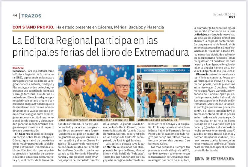 Doble comparecencia en las páginas de <a href="/hoyextremadura/">Diario HOY</a> Enrique García Fuentes dedica su Trazos semanal a ‘Cuadernos del país en calma’, del recordado Fulgen Valares, y artículo sobre los actos de la Editora en las ferias de Cáceres, Mérida, Badajoz y Plasencia <a href="/cultura_EXT/">Cultura, Turismo, Jóvenes y Deportes</a>