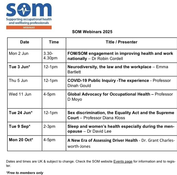 SOMCEO (@somceo) on Twitter photo <a href="/SOMNews/">SOM e-News</a> webinars coming up - key topics of interest to occupational health professionals from #neurodiversity, driver health to sex discrimination, the equality act and the Supreme court. Register here: som.org.uk/events
Webinars are free to members and ÂŁ35 to non-members <a href="/SOMNews/">SOM e-News</a> webinars coming up - key topics of interest to occupational health professionals from #neurodiversity, driver health to sex discrimination, the equality act and the Supreme court. Register here: som.org.uk/events
Webinars are free to members and ÂŁ35 to non-members