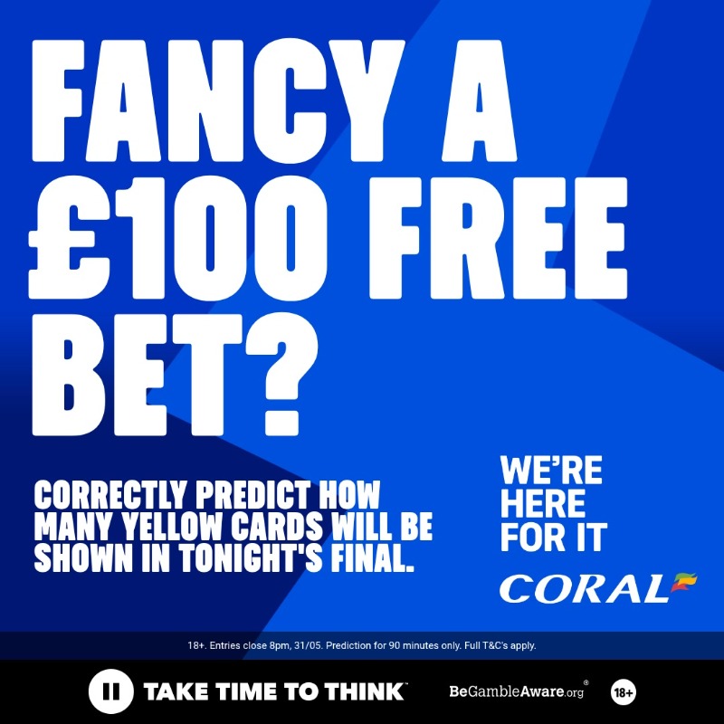 Coral's tweet photo. 𝐏𝐒𝐆 𝐯𝐬 𝐈𝐍𝐓𝐄𝐑 𝐌𝐈𝐋𝐀𝐍 🏆

🔵 Comment below how many Yellow Cards will be shown in tonight's final
🔵 Reweet this post
🔵 Make sure you follow @Coral

One correct answer at random will win the £𝟏𝟎𝟎 𝐅𝐫𝐞𝐞 𝐁𝐞𝐭 💰 https://t.co/5Zu6OmUJ8U