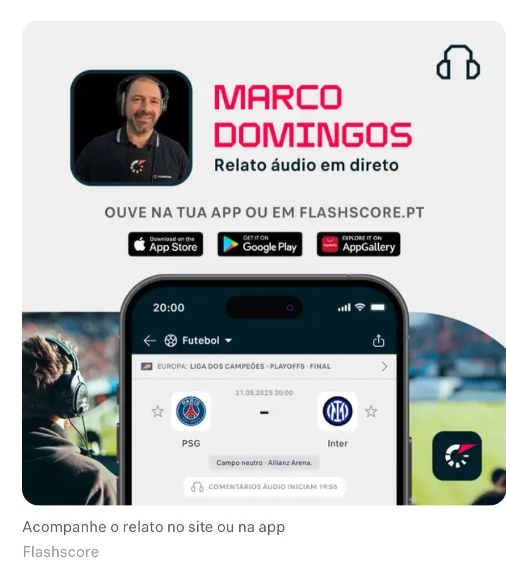 Vamos fechar a época em grande!
Relato da final #ChampionsLeague no <a href="/FlashScorePT/">Flashscore.pt</a>