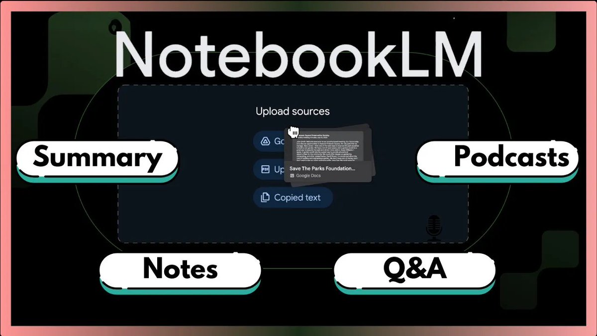 Andrew_Lviv's tweet photo. https://t.co/LNa3wjZMKh

Podcasts based on your documents.

Notebook LM is Google's AI-powered notebook that helps you understand your documents faster. Upload your notes, PDFs, etc., and ask it questions to get summaries, explanations, and insights! #AIML #GoogleAI #NotebookLM https://t.co/HLYItwv4Vs