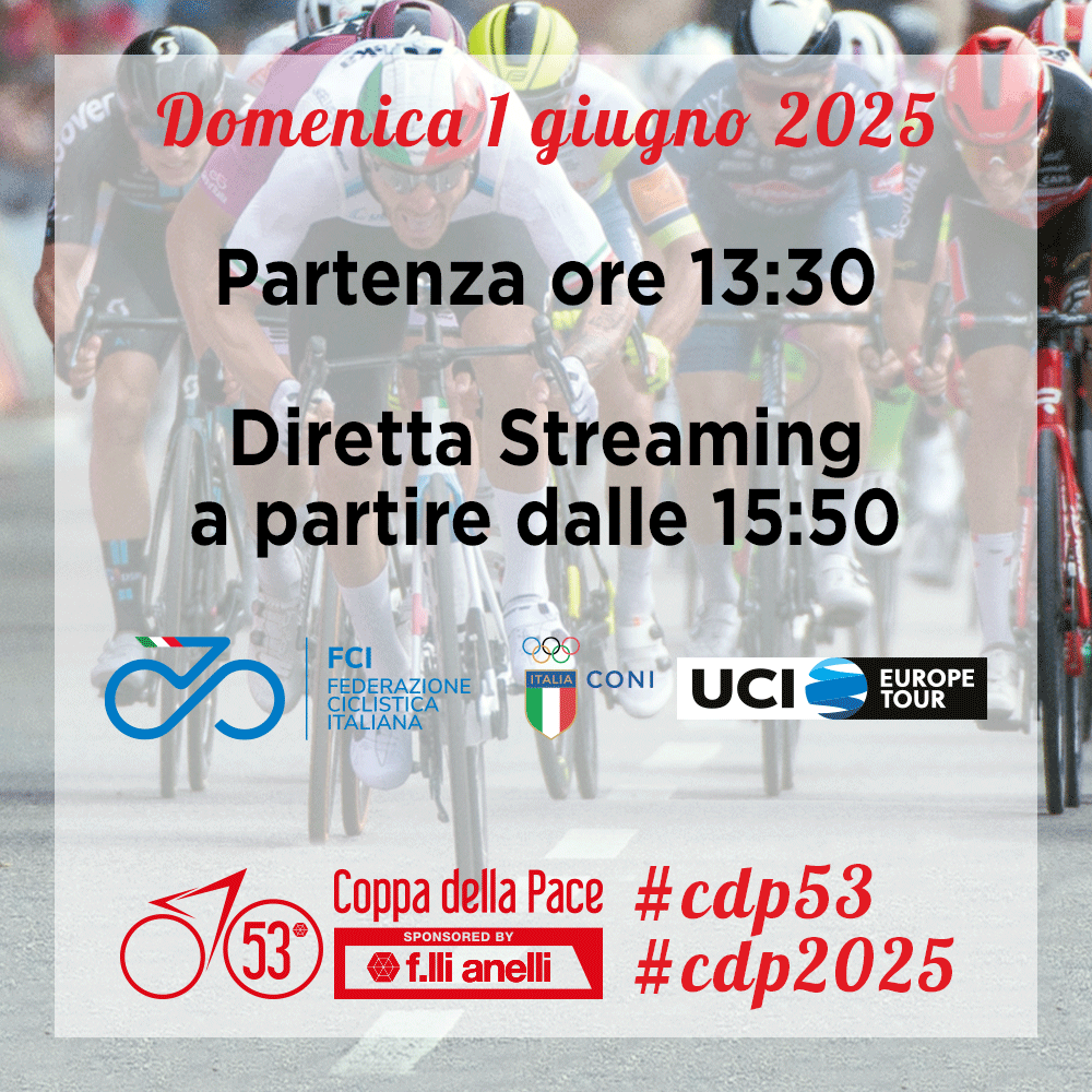 CoppadellaPace's tweet photo. Edizione 2025 della Coppa della Pace - Trofeo F.lli Anelli

Domenica 1 giugno 2025 si correrà la 53^ Coppa della Pace, nonché 50° Trofero F.lli Anelli.

Diretta della corsa a partire dalle ore 15:50:
- IcaroTV, canale 18 o https://t.co/hO5EheQjUR
- YouTube, canale Toscana Sprint https://t.co/2cmTVG6bOh
