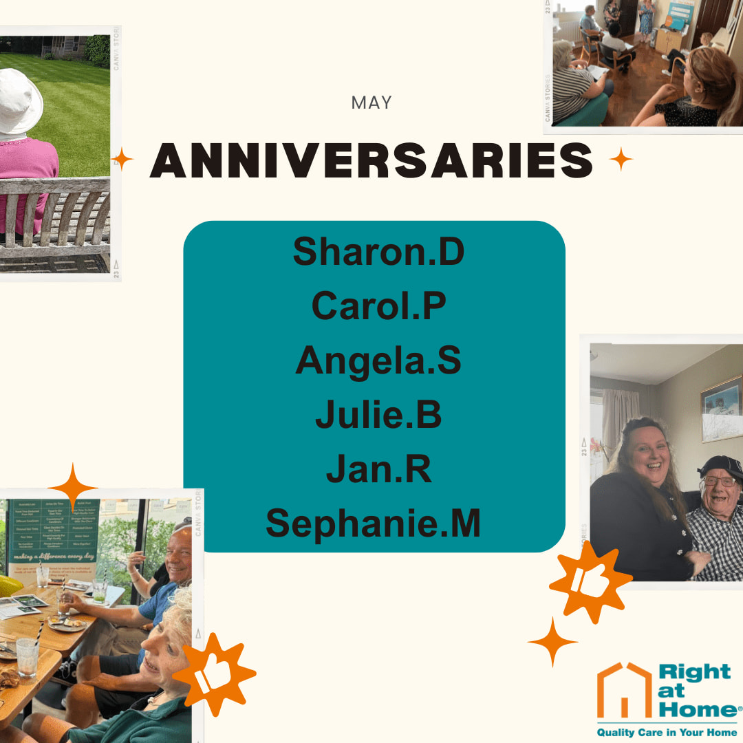 We're sending big birthday wishes and heartfelt anniversary congratulations to our wonderful team! 🥳

Thank you for being part of our Right at Home family, here's to many more joyful milestones together! ✨