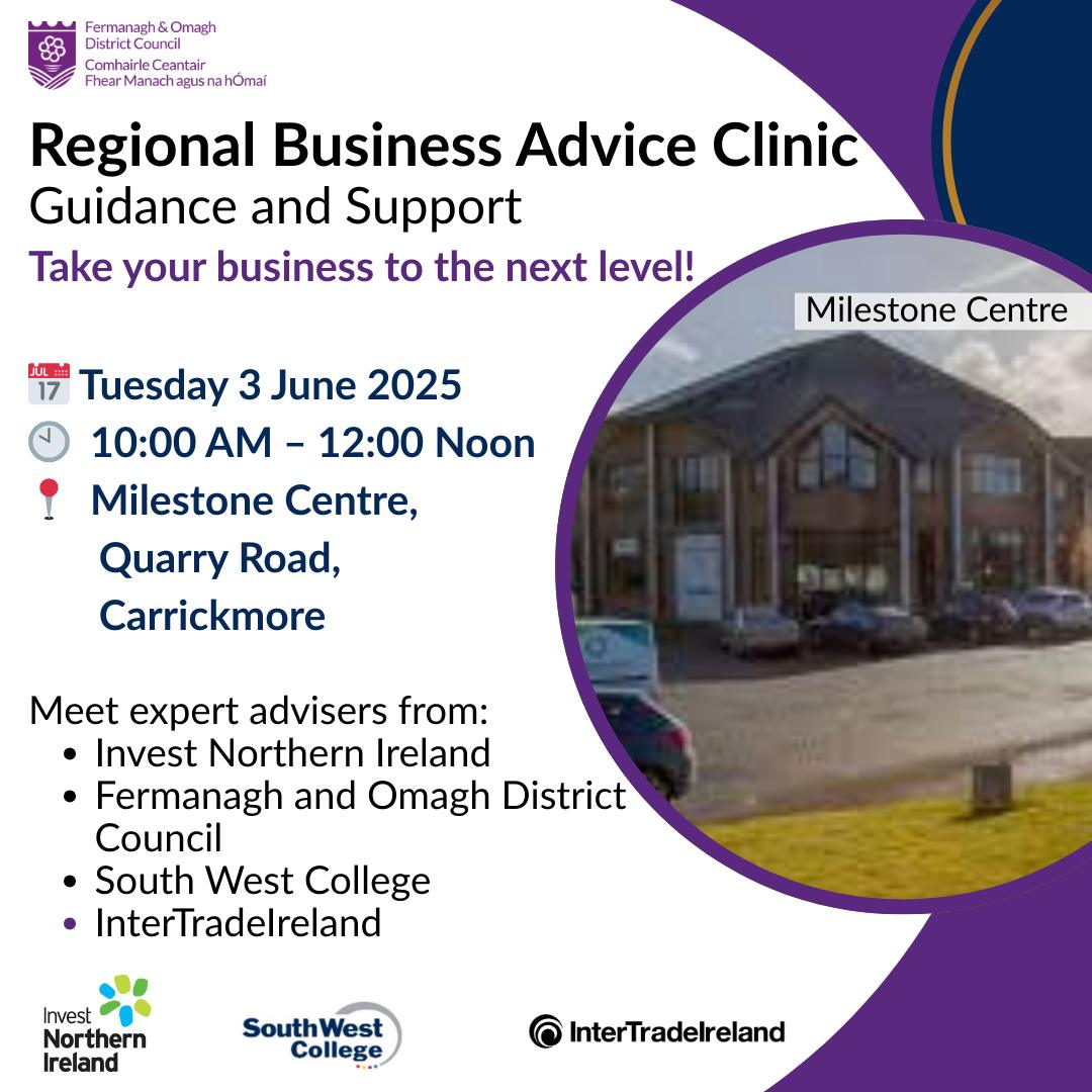 🚀 Starting or growing a business?
 Join us at the Carrickmore Business Advice Clinic on 3 June!

✅ Expert advice
 ✅ Growth &amp; export support
 ✅ Green skills &amp; training info
 ✅ Cross-border trade guidance

ℹ️ bit.ly/43fPbkk
 #BusinessSupport