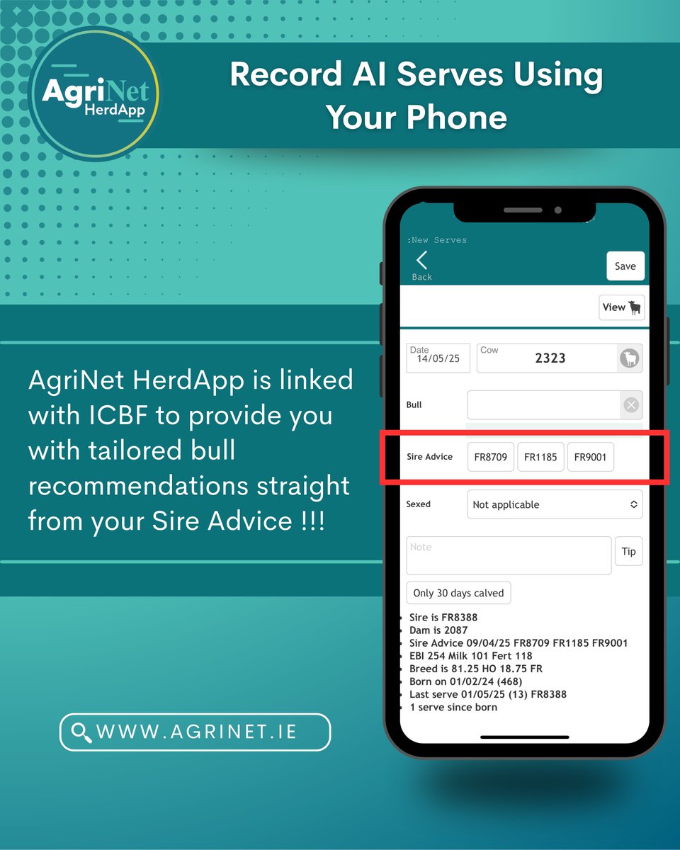 Stay ahead this breeding season with AgriNet HerdApp

✅Shows you bull recommendations for each cow based on your Sire Advice
✅Upload your serves directly to ICBF
✅Generate a comprehensive report of all serves (The white book)
✅Flag any cows not in heat/irregular cycles