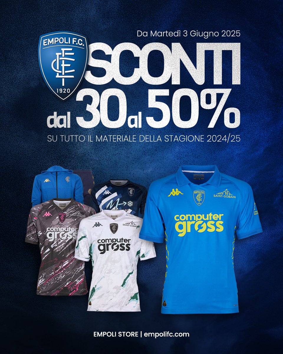 𝗦𝗮𝗹𝗱𝗶 𝗮𝗹𝗹'𝗘𝗺𝗽𝗼𝗹𝗶 𝗦𝘁𝗼𝗿𝗲 ❗❗❗

Sconti dal 3⃣0⃣ al 5⃣0⃣ % su tutto il materiale dell'ultima stagione: da martedì 3 giugno ti aspettiamo nel nostro Store di Piazza della Vittoria e sul nostro store online 
(➡️empolifc.com/online-shop/)