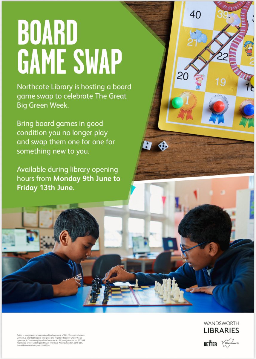 Northcote Library (@northcotelibra1) on Twitter photo Celebrate #TheGreatBigGreenWeek with a board game swap <a href="/NorthcoteLibra1/">Northcote Library</a>. Bring board games in good condition you no longer play and swap them one for one. Adults’ and children’s games accepted. Available during library opening hours from Monday 9 June - Friday 13 June. Celebrate #TheGreatBigGreenWeek with a board game swap <a href="/NorthcoteLibra1/">Northcote Library</a>. Bring board games in good condition you no longer play and swap them one for one. Adults’ and children’s games accepted. Available during library opening hours from Monday 9 June - Friday 13 June.