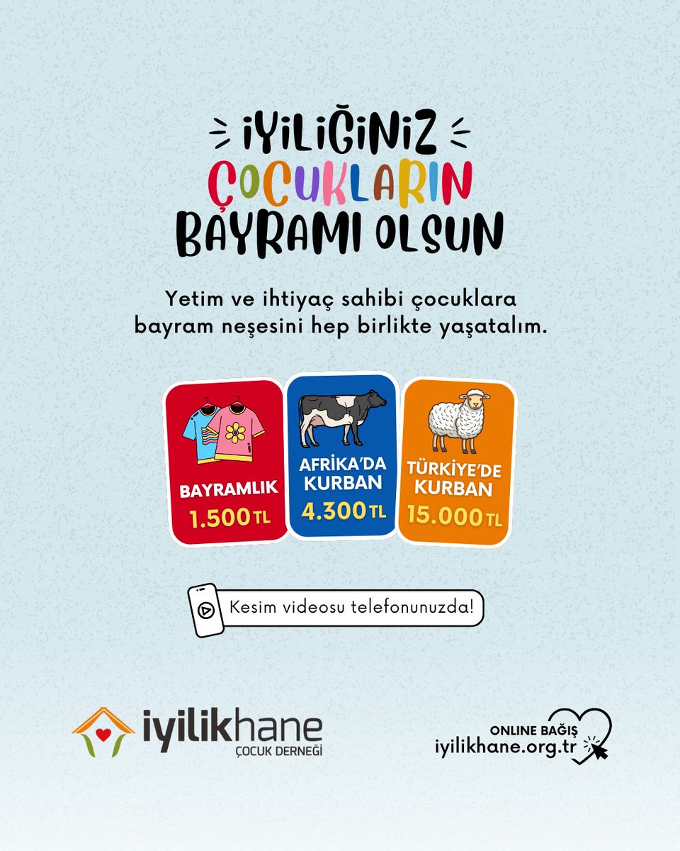 Vacip ve nafile kurban bağışlarınızı maddi imkanları kısıtlı hanelerde yetersiz beslenme ile karşı karşıya olan yetim ve ihtiyaç sahibi çocuklara ulaştırıyoruz. 
Afrika'da kurban 4.300 TL
Türkiye'de kurban 15.000TL
🌐İnternet sitemiz üzerinden  bağış yapabilirsiniz.