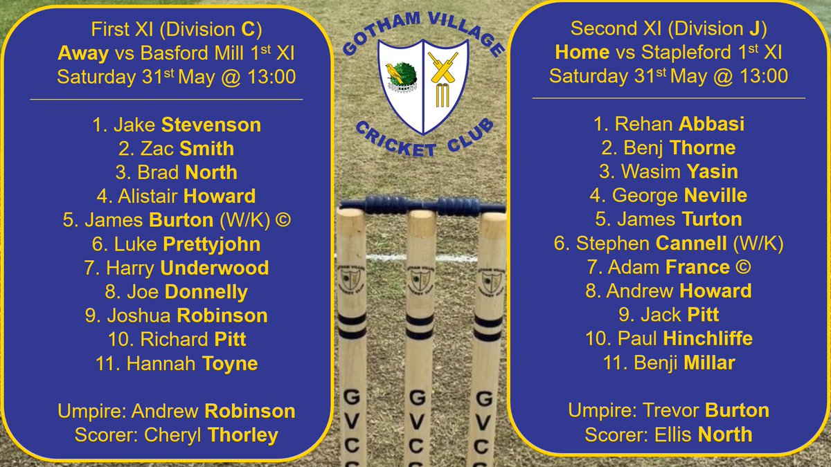 Today’s team news! Both our sides will be looking to build on last weekend’s victories.  

#GVCC #UTG