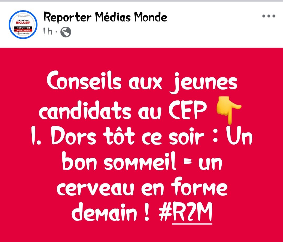 Conseils aux jeunes candidats au CEP 👇
1. Dors tôt ce soir : Un bon sommeil = un cerveau en forme demain !