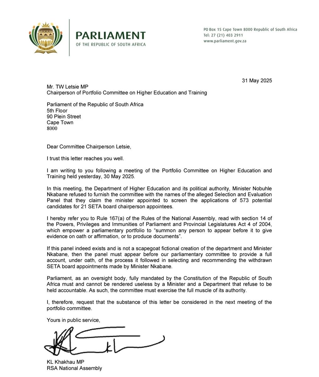 🇿🇦 Nkabane will not evade the truth under our watch. Here's a letter I wrote to Chairperson Letsie regarding Minister Nkabane's secret SETA Selection and Evaluation Panel.