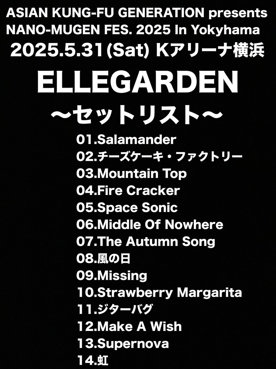 ELLEGARDEN セトリ #ELLEGARDEN #エルレ #ナノムゲン #NMF25 #K