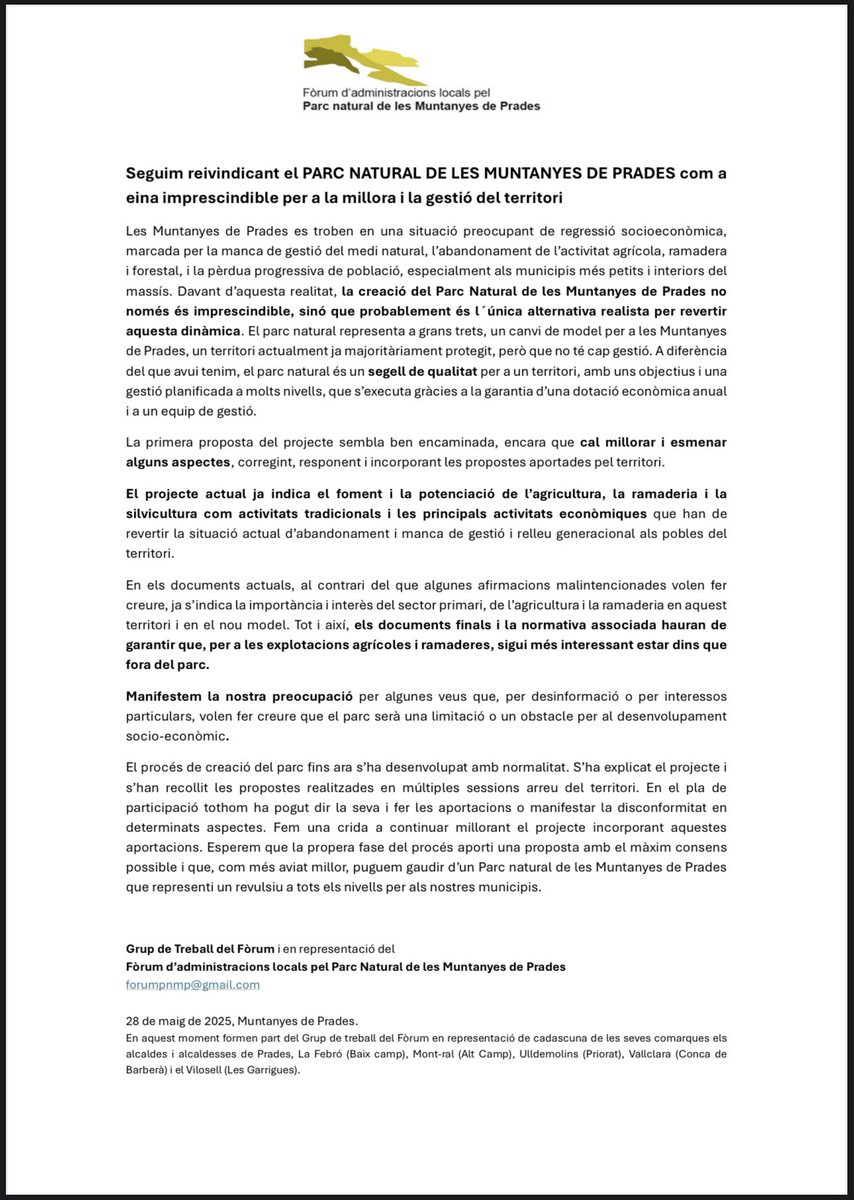 📢Nou comunicat del Grup de Treball del Fòrum d’Administracions Locals pel #ParcNaturaldelesMuntanyesdePrades

🗺️ Imprescindible revertir l’abandonament, protegir el territori i mantenir l’economia rural. 🌾 Agricultura, 🌲 gestió forestal i 🐑 ramaderia, claus del model
📄👇 #PN