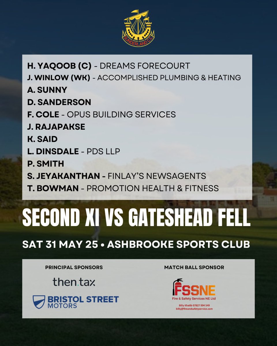 Sunderland CC (@slandcricket) on Twitter photo The sun is shining for the start of red ball cricket!! Today, our 1XI travel to <a href="/burnopfieldcri1/">Burnopfield Cricket</a> & our 2XI face <a href="/GatesheadFellCC/">Gateshead Fell CC</a> at home.
Thanks to our sponsors & good luck to both teams 🏏💪!!
Then Tax Refunds
<a href="/VertuMotors/">Vertu</a>
<a href="/HumphreyMECons1/">Humphrey M&E Consultants</a>
Fire & Safety Services North East The sun is shining for the start of red ball cricket!! Today, our 1XI travel to <a href="/burnopfieldcri1/">Burnopfield Cricket</a> & our 2XI face <a href="/GatesheadFellCC/">Gateshead Fell CC</a> at home.
Thanks to our sponsors & good luck to both teams 🏏💪!!
Then Tax Refunds
<a href="/VertuMotors/">Vertu</a>
<a href="/HumphreyMECons1/">Humphrey M&E Consultants</a>
Fire & Safety Services North East