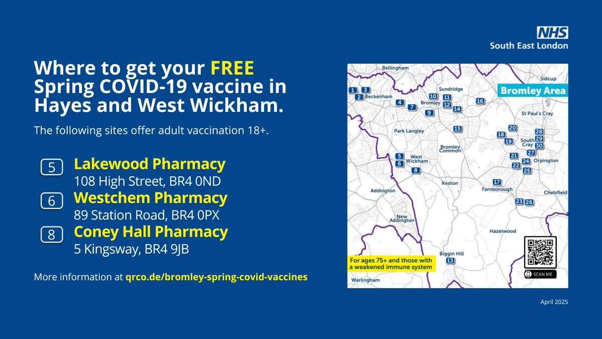 If you're near Hayes and West Wickham, the following pharmacies are offering Spring COVID-19 boosters:

- Lakewood Pharmacy (BR4 0ND)
- Westchem Pharmacy (BR4 0PX)
- Coney Hall Pharmacy (BR4 9JB)

Find other places at: qrco.de/bromley-spring…

#WestWickham #Hayes #COVIDVaccine